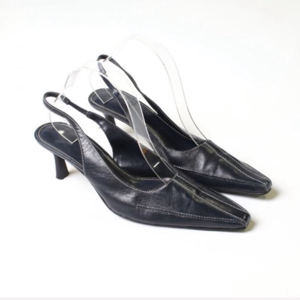 Karen Scott Navy Leather Pointy Slingback Heels
